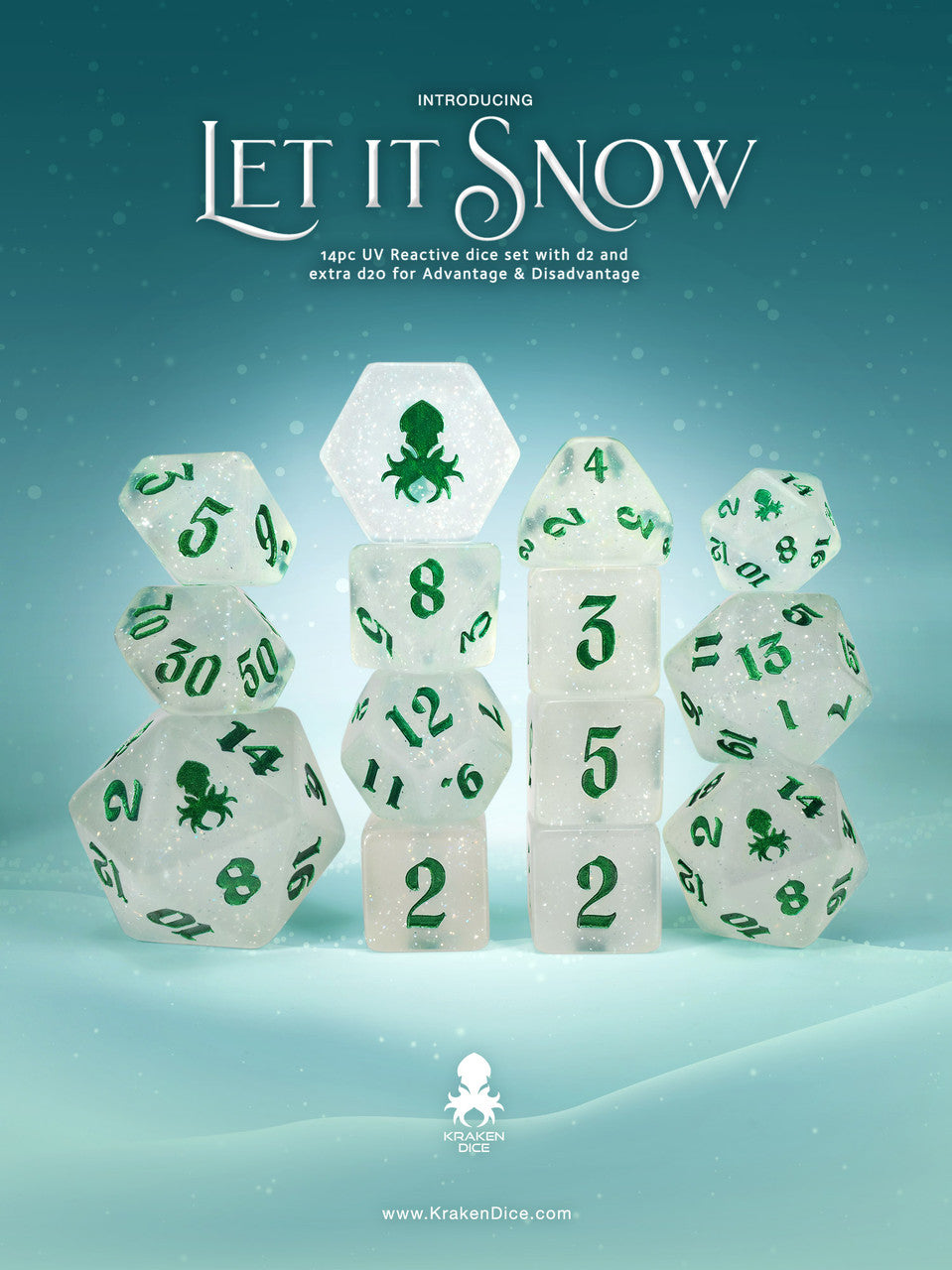 Let It Snow 14pc UV Reactive Dice Set for TTRPGs inked in Green